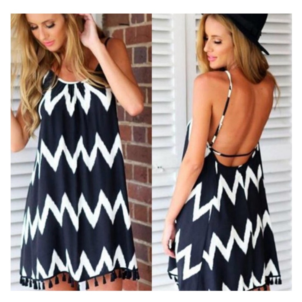 Boho, Black & White, Tassels Print, Mini Dress - Picture 2 of 4
